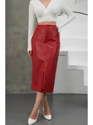 Yırtmaçlı uzun deri etek bordo