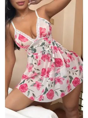 Omarı Pembe Çiçek Desenli Dantel Detaylı Gecelik