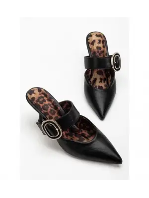 Omarı Deri Yüksek Topuklu Siyah Terlik