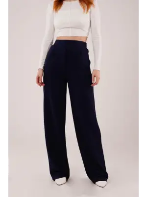 Yüksek Bel Bol Paça Krep Lacivert Pantolon
