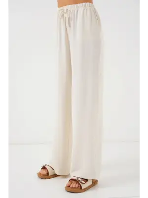 Yüksek Bel Bol Paça Pantolon - Krem