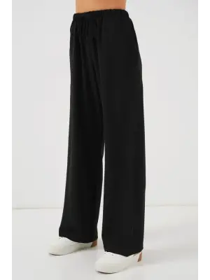 Yüksek Bel Bol Paça Pantolon - Siyah