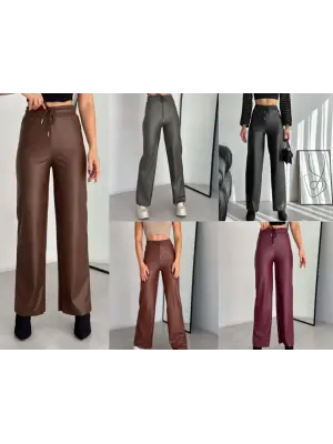 Şık Geniş Paça İçi Şardonlu Deri Pantolon
