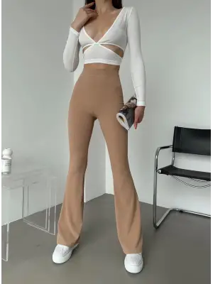 Omarı Yüksek Bel İspanyol Paça Fitilli Toparlayıcı Bej Tayt