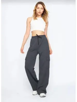 Yüksek Bel Kargo Cepli Palazzo Pantolon Oversize Bol Paça İki İplik Rahat Kesim - Antrasit