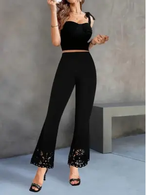 Omarı Yüksek Bel Geniş Kesim Çiçek Detaylı Krep Pantolon