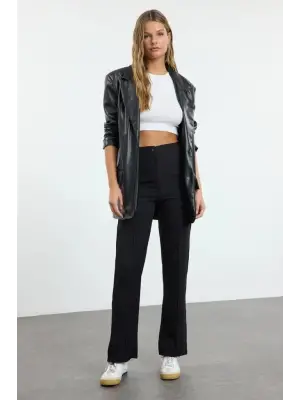 Omarı Yüksek Bel Nervurlu Krep Pantolon