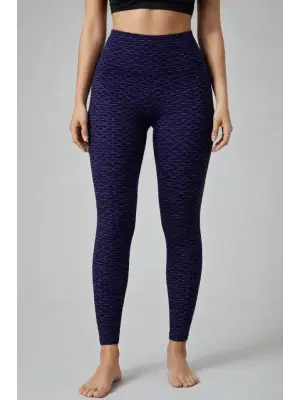 Yüksek Bel Toparlayıcı Likralı Büzgülü Tayt - Mavi