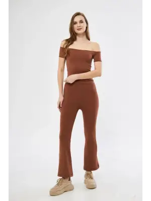 Yüksel Bel Fitilli İspanyol Paça Tayt - Kahve
