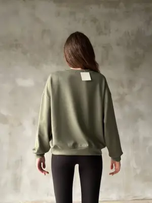 Omarı Yumuşak Dokulu Kumaş Bisiklet Yaka Oversize Sweatshirt - Haki