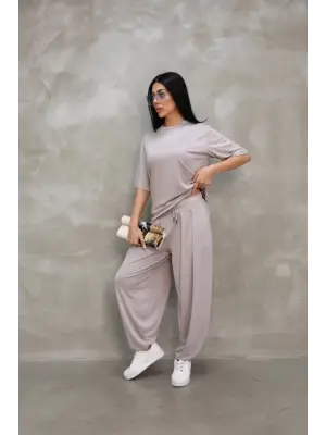 Omarı Modal Kumaşlı Oversize Bisiklet Yaka Eşofman Takımı - Gri