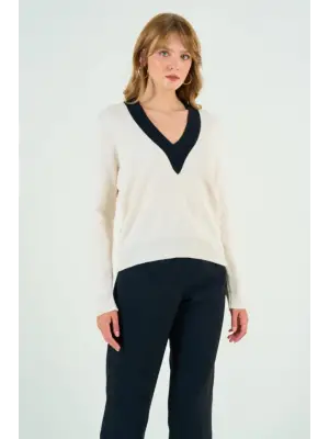 Omarı Bayan V Yaka Triko Kazak - Krem-Siyah