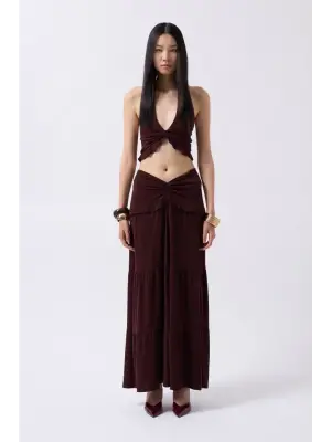 Omarı Fırfırlı Düğüm Detaylı Crop Bluz