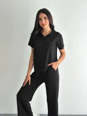 Omarı Yumuşak Modal Kumaşlı Kısa Kollu T-shirt Pantolon Takımı - Siyah