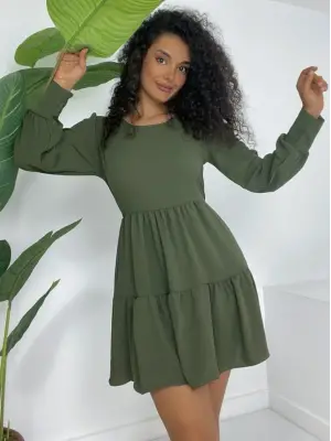 Yuvarlak Yaka Beli Lastikli Eteği Katlı Ayrobin Elbise -Haki