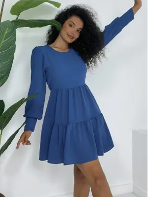 Omarı Katlı Yuvarlak Yaka Eteği - İndigo Renk Seçenekleriyle