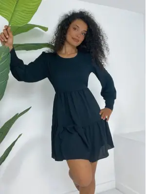 Yuvarlak Yaka Beli Lastikli Eteği Katlı Ayrobin Elbise -Siyah