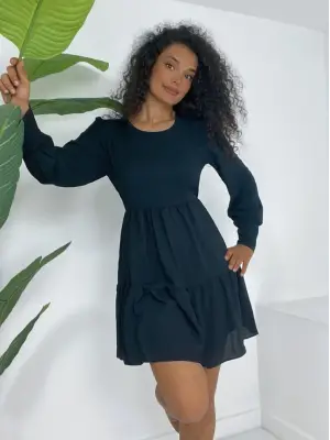 Omarı Beli Lastikli Eteği Katlı Siyah Elbise