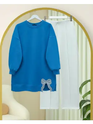 Mavi Yuvarlak Yaka Fiyonk Detaylı Salaş Penye Tunik Kadın Giyim