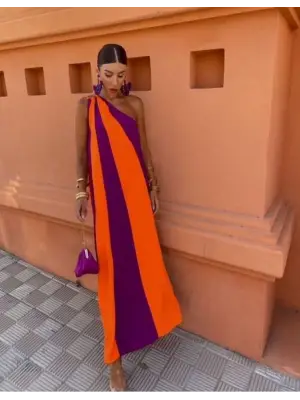 Omarı Zarif ve Şık Çift Renkli Elbise