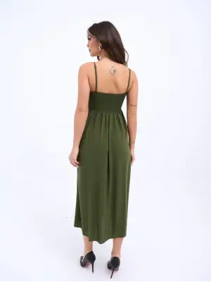 Omarı Derin V Yaka Midi Elbise - Haki