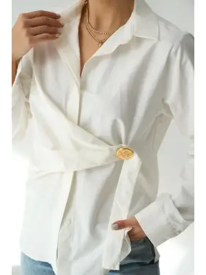 Omarı Modern Çizgili Bağlamalı Ekru Gömlek
