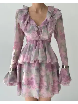 Omarı Zarif Fırfırlı Elbise Mavi