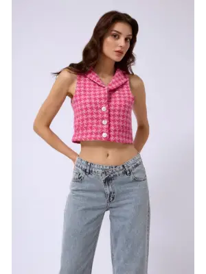 Omarı Kazayağı Desenli Crop Yelek