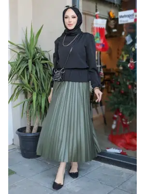 Omarı Parlak Krep Pileli Haki Etek