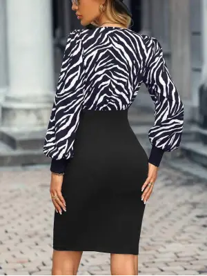 Omarı Zebra Desenli Kısa Krep Elbise