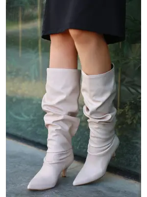 Bej Cilt Topuklu Çizme Kadın Giyim