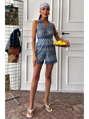 Zikzak Desenli Multi Renk Geçişli Mini Tulum Kadın Giyim