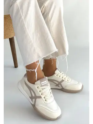 Zlay Bej Cilt Vizon Detaylı Bağcıklı Spor Ayakkabı