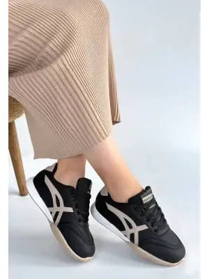 Zlay Siyah Cilt Bej Detaylı Bağcıklı Spor Ayakkabı