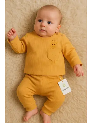 Zürafa Cep Nakışlı Omuzdan Düğmeli % 100 Pamuk Erkek Bebek Takım