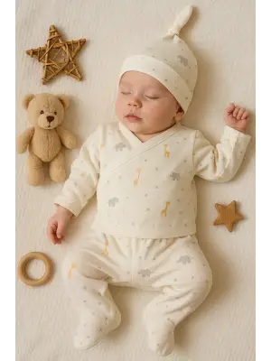 Zürafa Desenli 3 Parça Erkek Bebek Hastane Çıkışı % 100 Pamuk