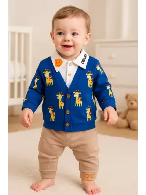 Zürafa Desenli Gömlek Yakalı 3lü Erkek Bebek Takımı