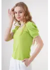 0409 Kare Yaka Örme Bluz - E.Yeşil