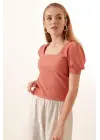 0409 Kare Yaka Örme Bluz - Gül Kurusu