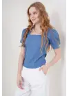0409 Kare Yaka Örme Bluz - İndigo