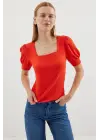 0409 Kare Yaka Örme Bluz - Oranje