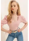 0409 Kare Yaka Örme Bluz - Pudra