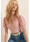 0409 Kare Yaka Örme Bluz - Pudra