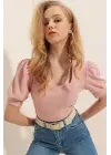 0409 Kare Yaka Örme Bluz - Pudra