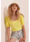0409 Kare Yaka Örme Bluz - Sarı