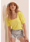 0409 Kare Yaka Örme Bluz - Sarı