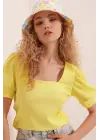 0409 Kare Yaka Örme Bluz - Sarı