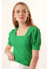 0409 Kare Yaka Örme Bluz - Yeşil