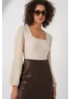 0442 Uzun Kollu Bluz - Krem