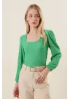 0442 Uzun Kollu Bluz - Yeşil